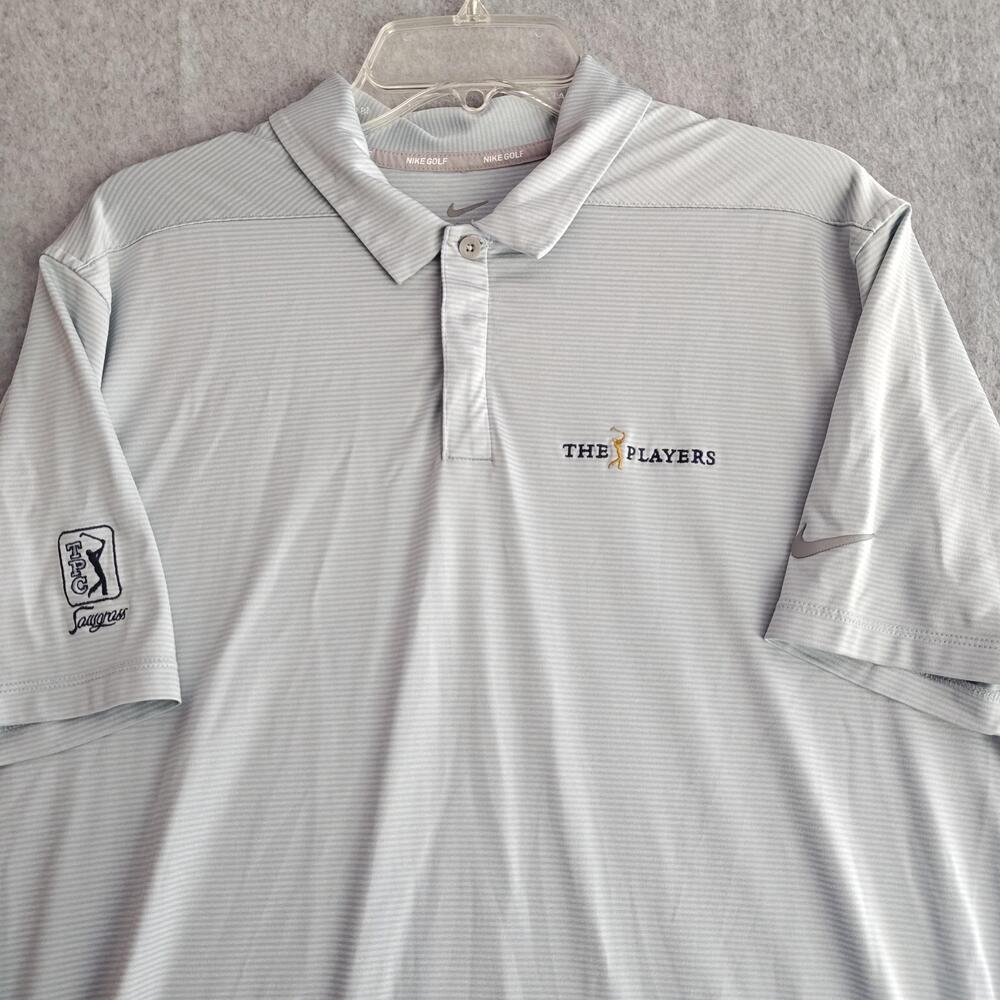 The Players TPC Sawgrass Shirt Mens Medium Gray Striped Golf Nike Dri Fit Polo